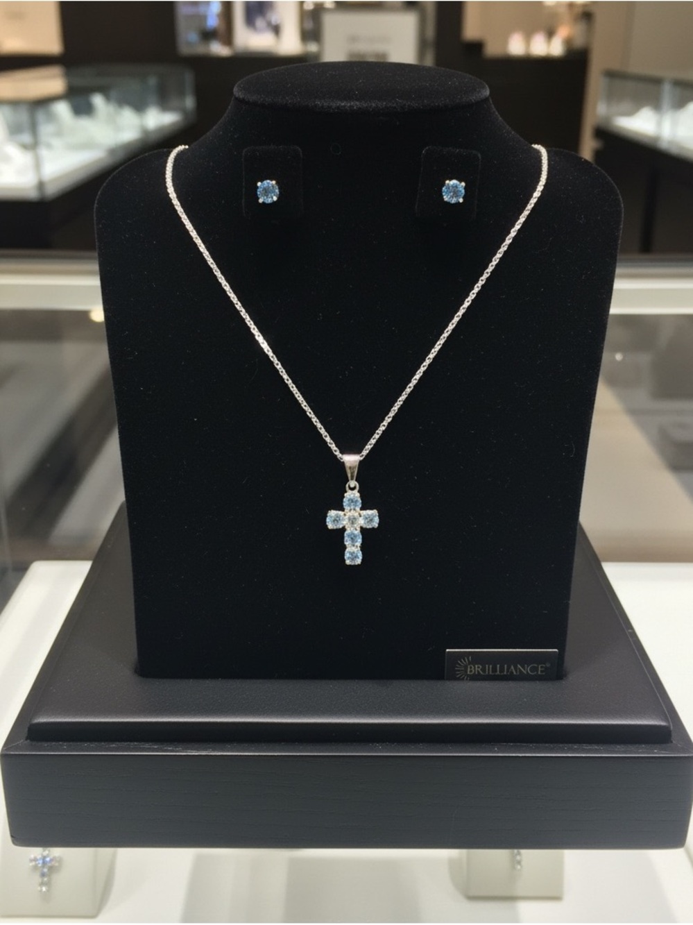 NIB Brilliance Blue Topaz Cross Pendant & Stud Earring Set (MRSP $50)